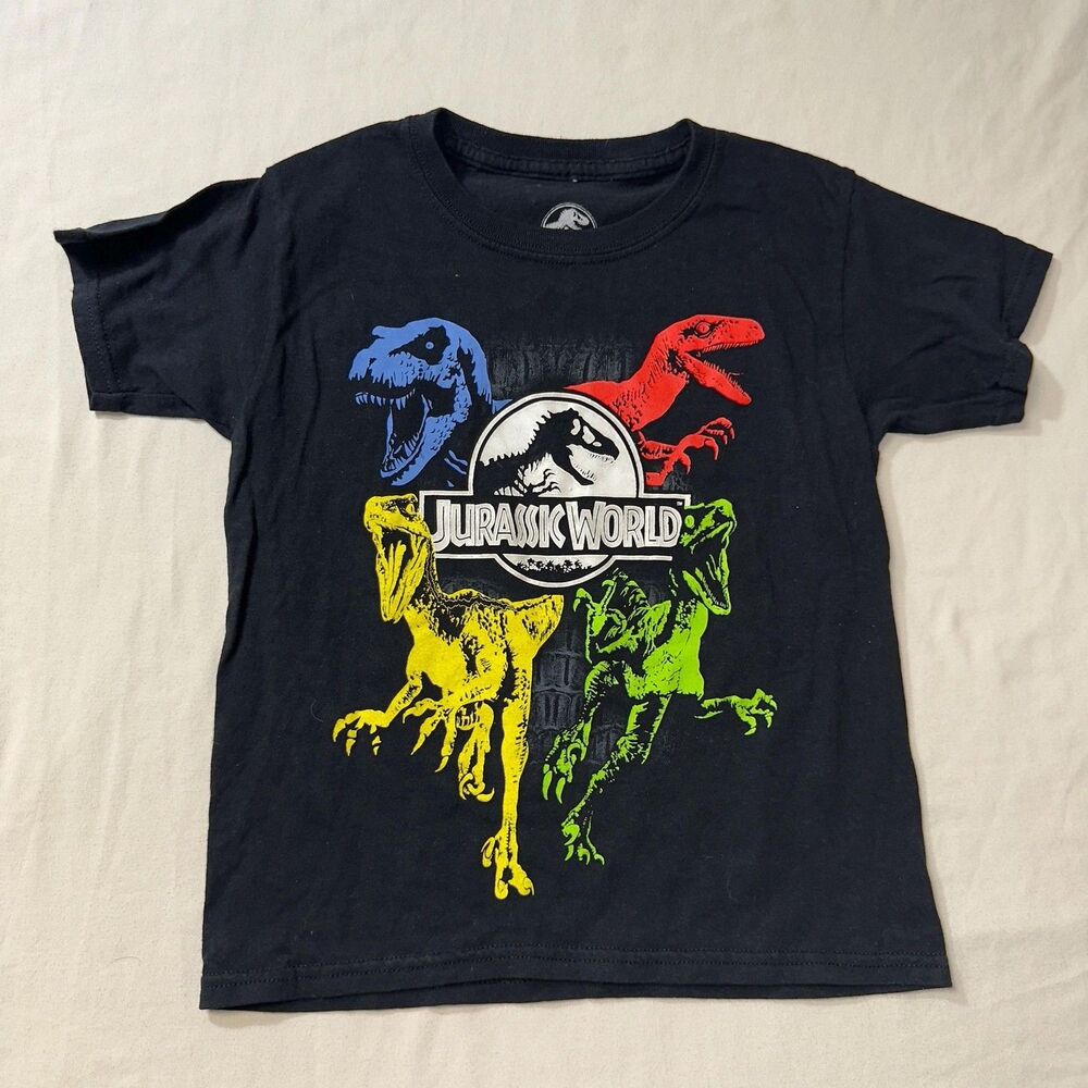 Jurassic World Park Dinosaur Shirt Boy's XS Black Graphic Tee Casual Movie Top
